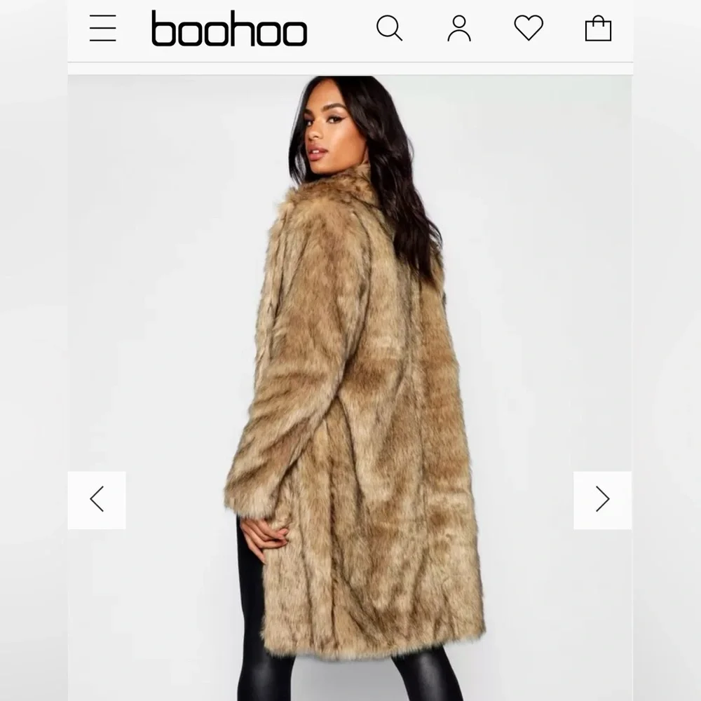Boohoo Faux fur coat Tall womens size 2 NWT brown/cream - Picture 2 of 8